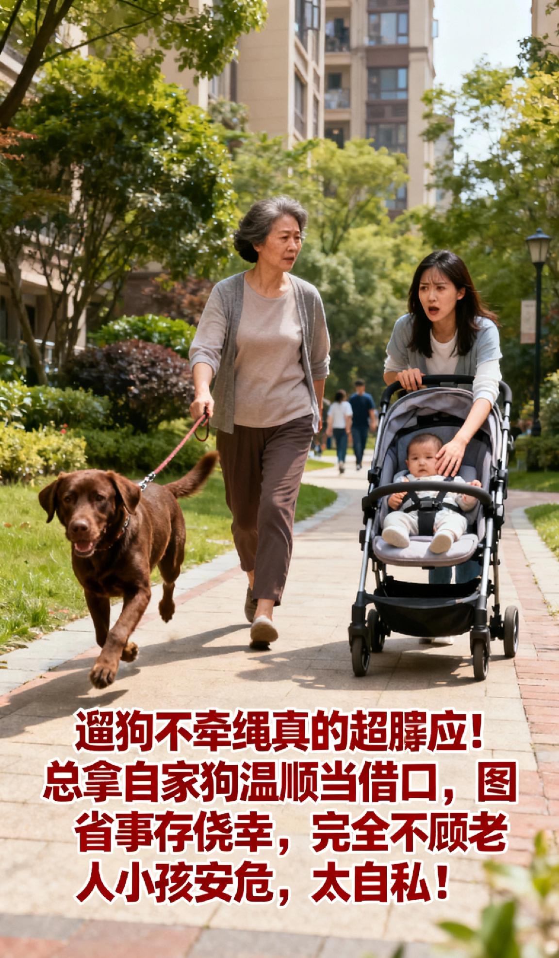  遛狗不牵绳真的超膈应！总拿自家狗温顺当借口，图省事存侥幸，完全不顾老人小孩安危