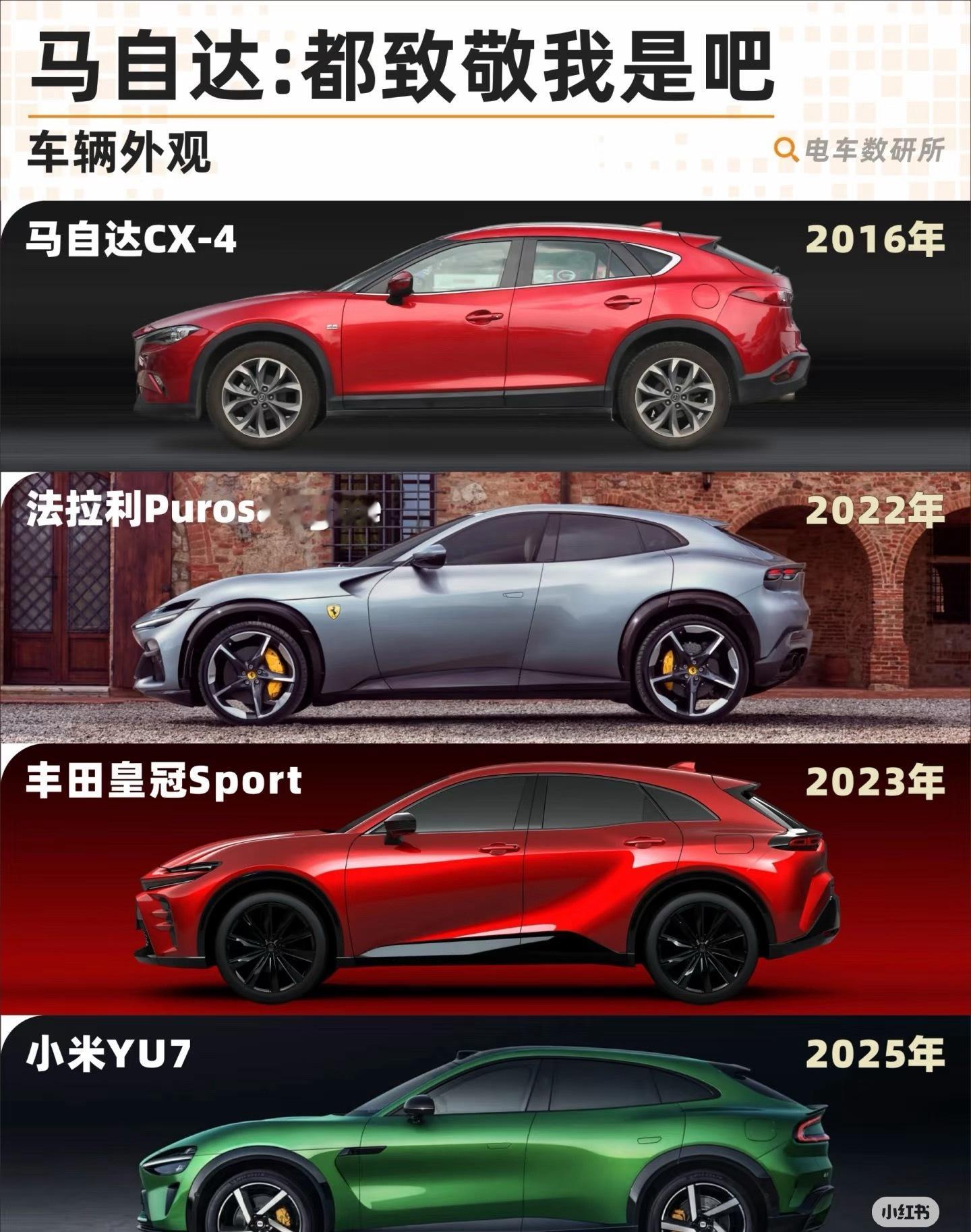 都关注小米yu7像法拉利可是却没发现轿跑型SUV长相都差不多都是低风阻的最优设计