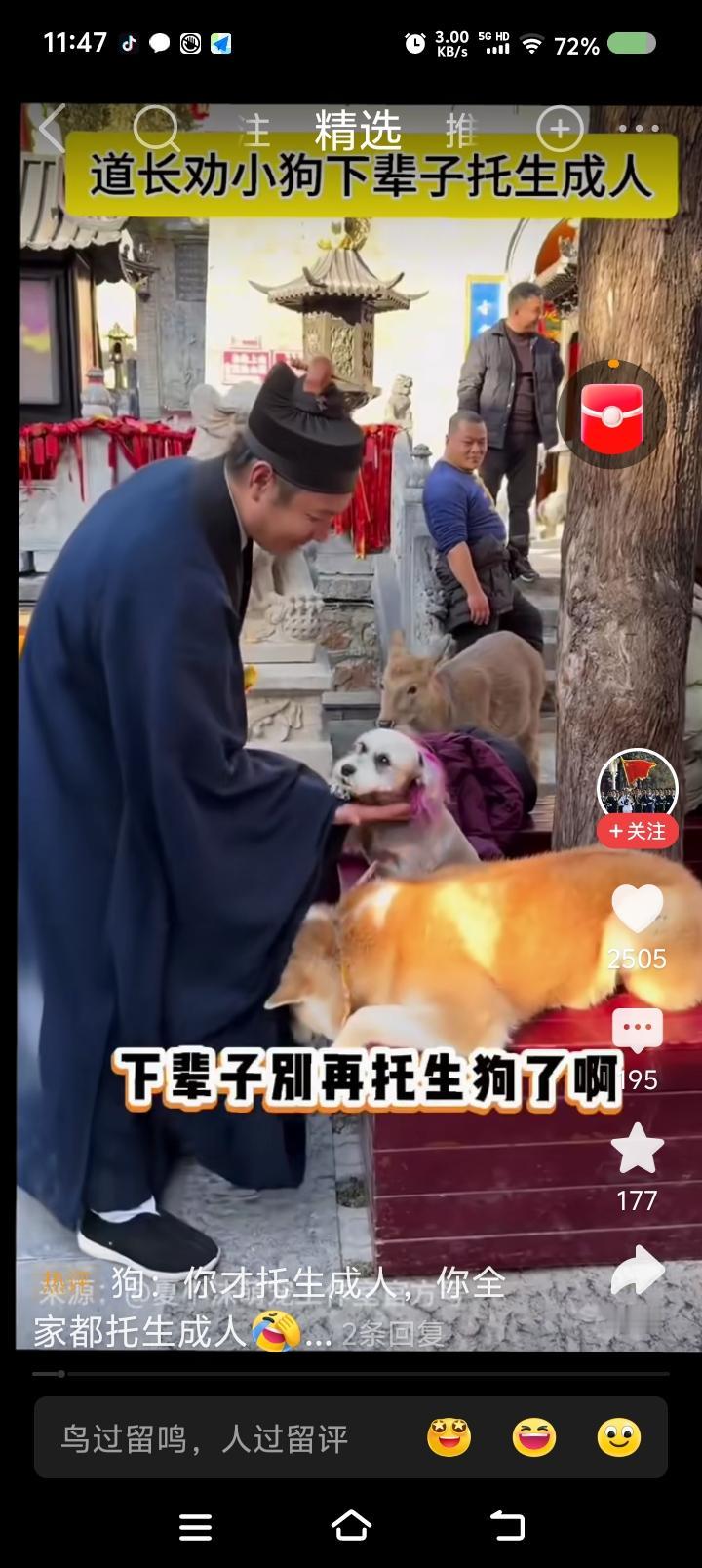 道长，你厚道么？——
网上视频：道长抚摸着狗，对它说：“记住，下辈子不要托生成狗