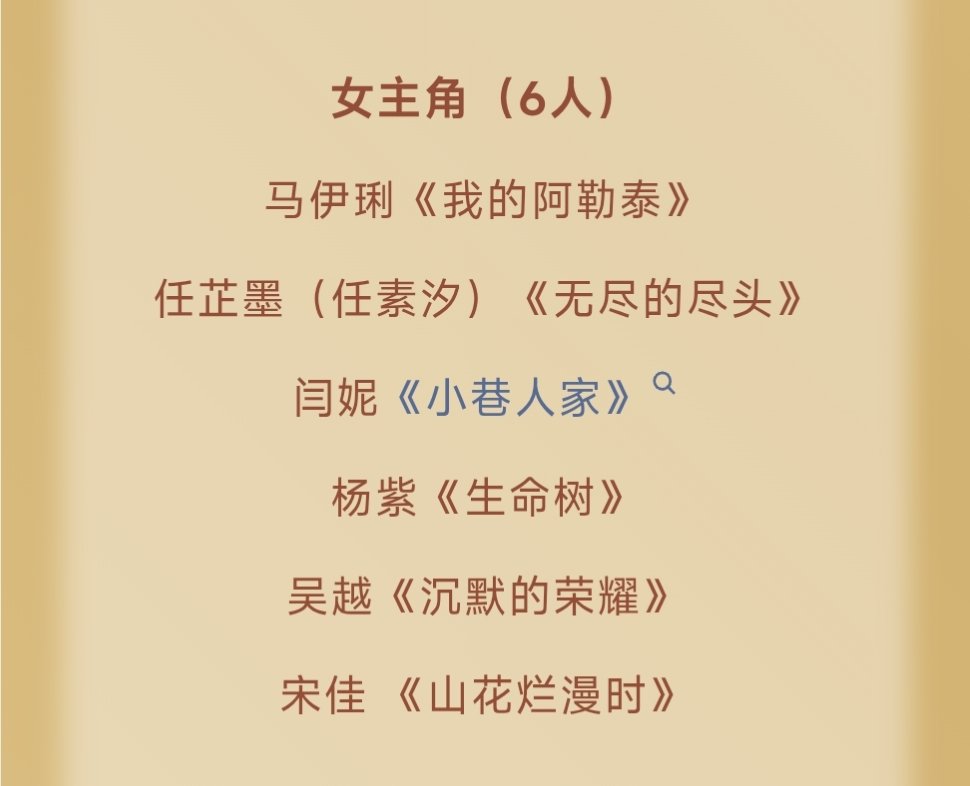 闫妮小巷人家提名金鹰奖最佳女主角恭喜闫妮！ 