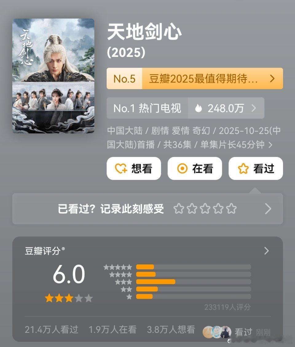 天地剑心超点完豆瓣才开分，就是为了这个6.0吧。 ​​​