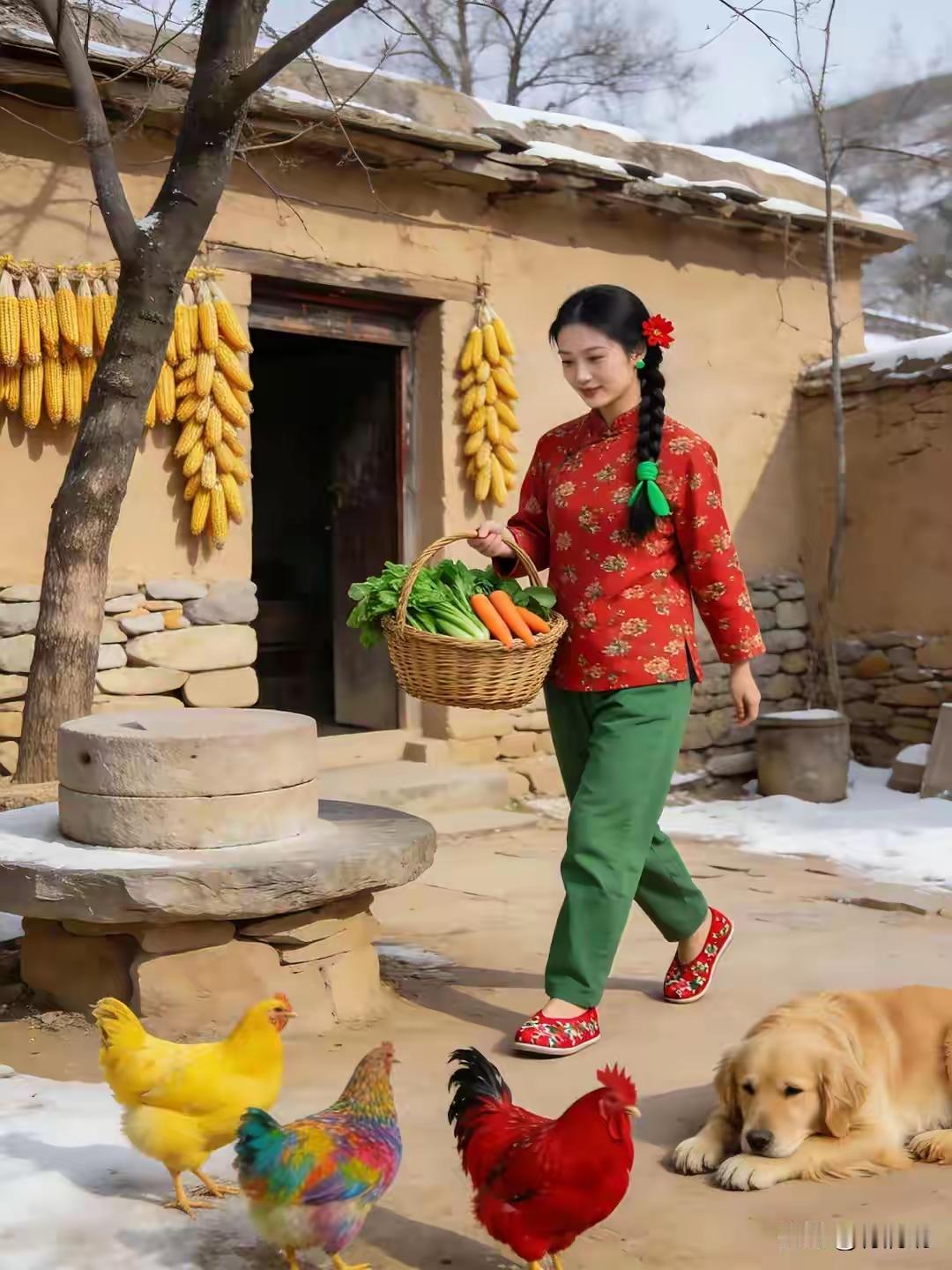 农院乡愁
鸡犬相嬉庭院前，
玉米高挂屋檐悬。
红袄少女农家景，
勾起乡愁梦亦牵。