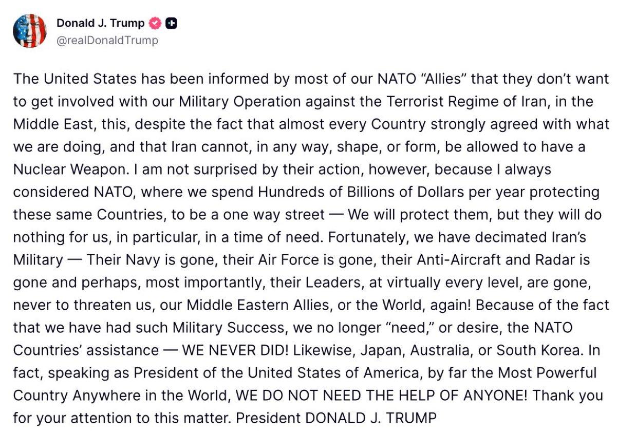 新闻快讯：特朗普炮轰北约盟友拒参与对伊行动，宣称已重创伊朗军事
 
美国当地时间