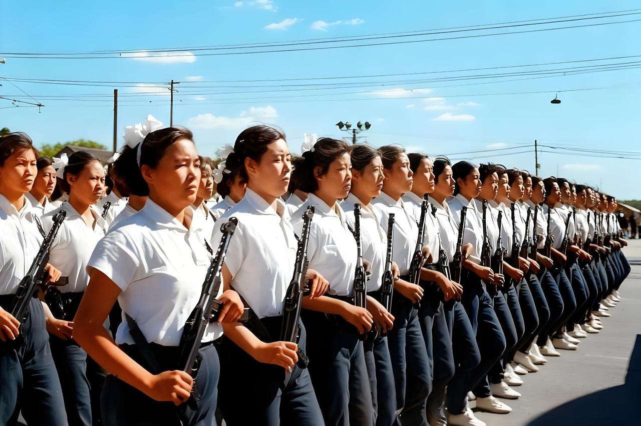 1958年国庆阅兵式上，女民兵方队正迈着整齐的步伐通过天安门广场。她们身着简洁利