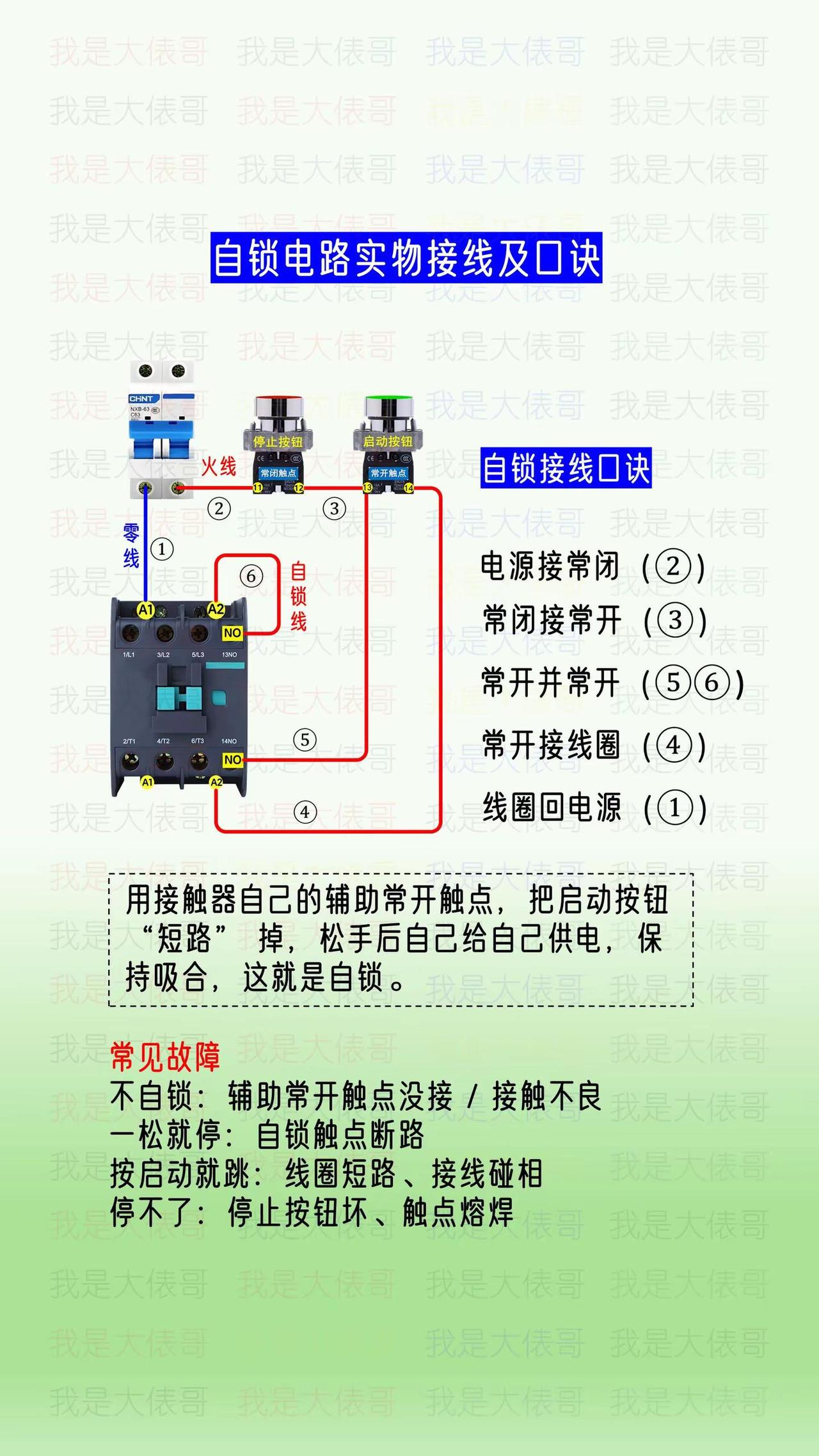 自锁电路实物接线，口诀，故障分析。零基础学电工 电工知识 电工常识 电工教学
