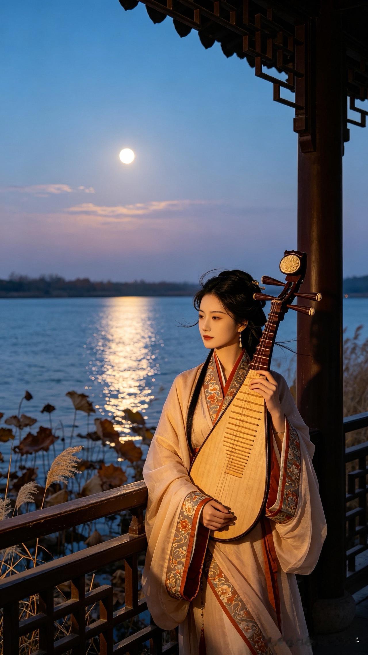 谁抱琵琶临水楼，
一声弹落满天秋。
曲中明月凉如洗，
        
…………