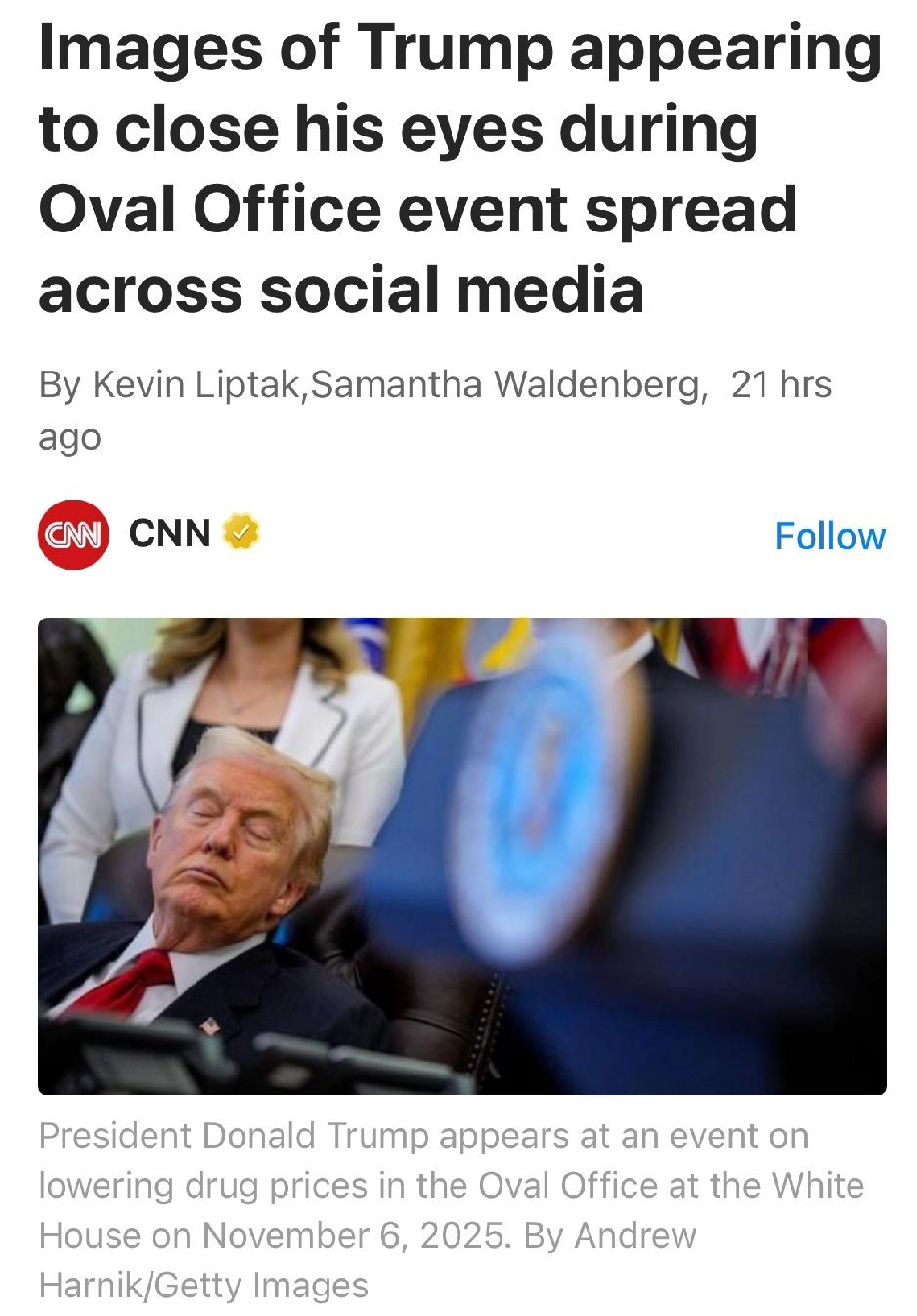 美国总统唐纳德·特朗普在椭圆形办公室一场宣布活动上闭眼的画面，于本周末在社交媒体