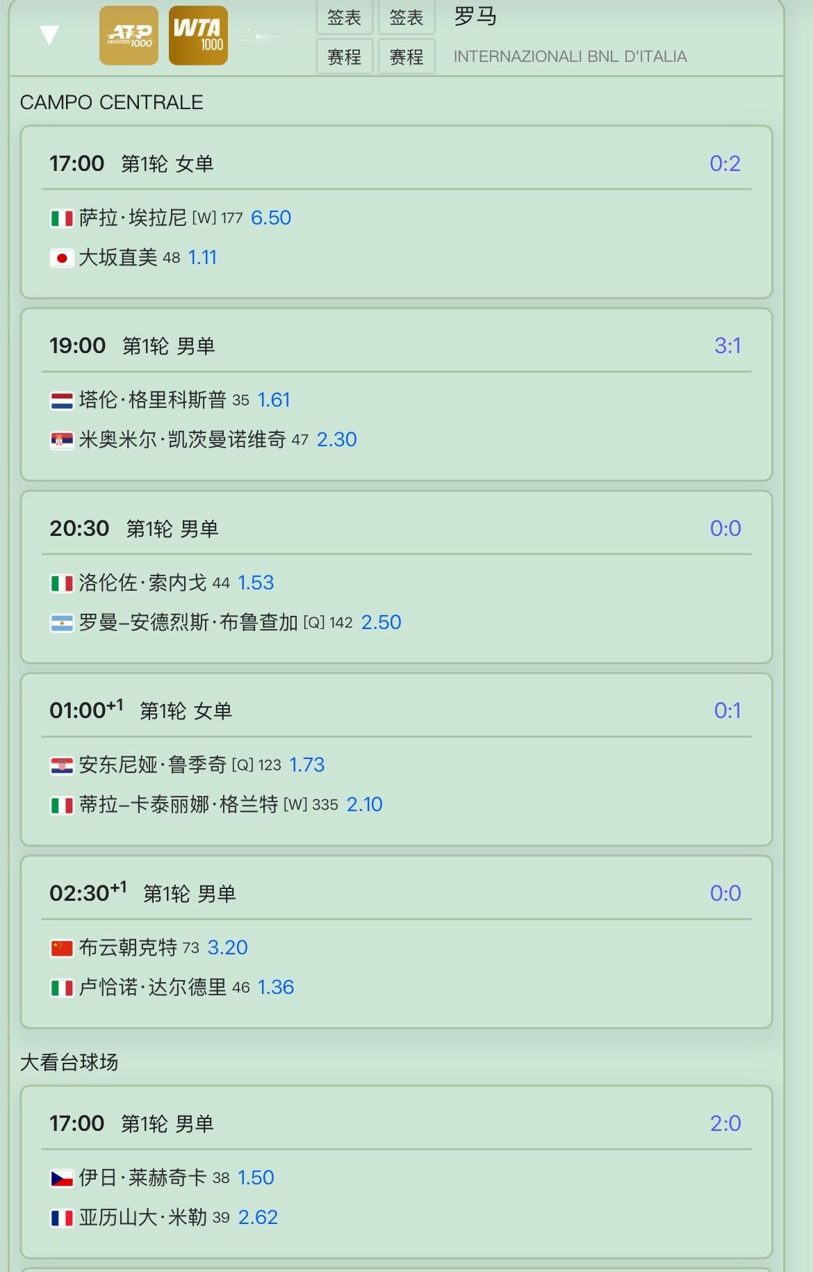 罗马公开赛今日赛程安排。 ​​​