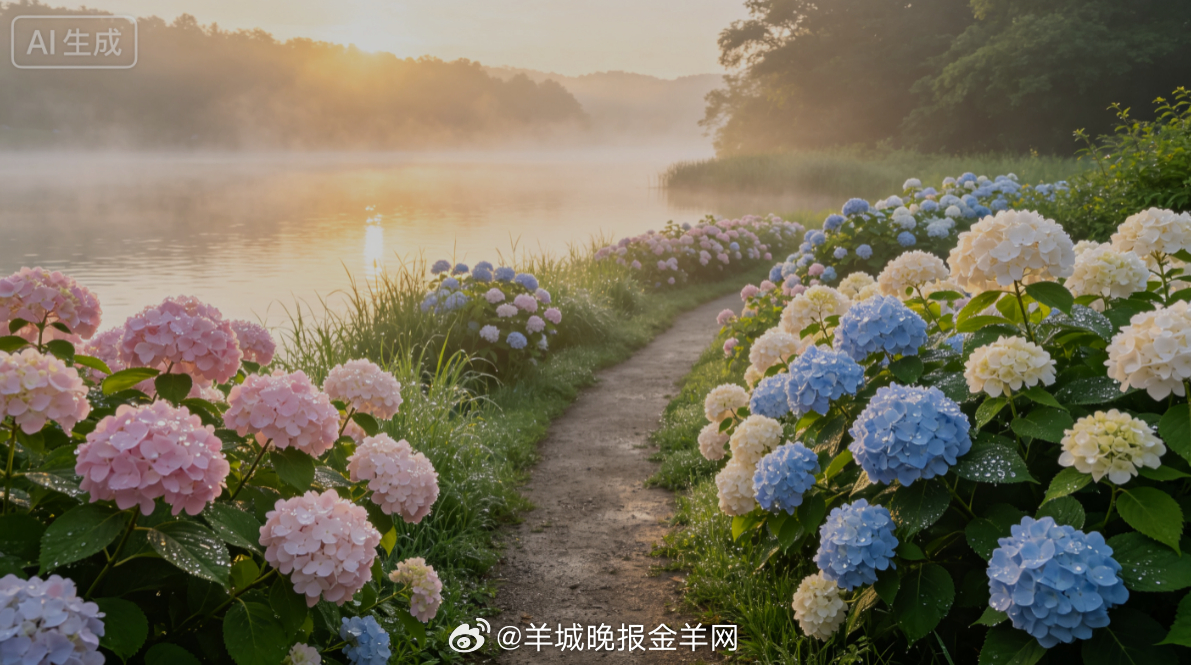 #早安# 盛夏清晨薄雾微凉，湖畔成片绣球盛放，浅粉淡蓝的花簇沾着剔透晨露。沿着湖