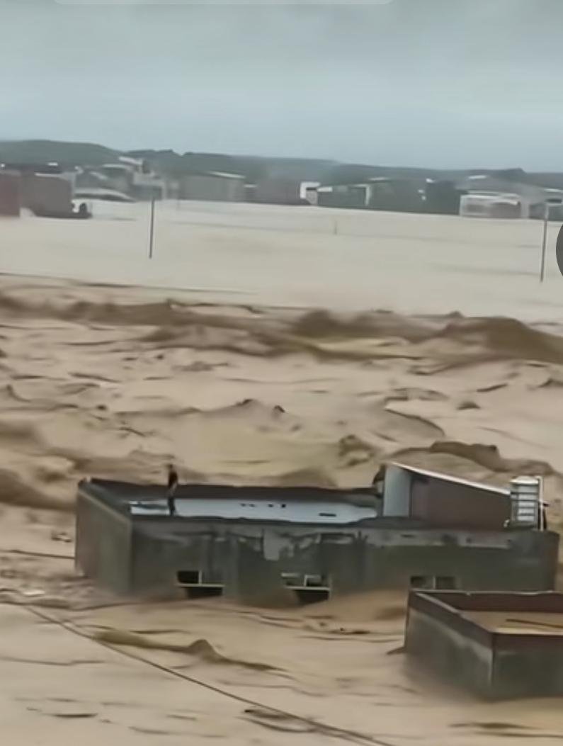 广西大水，淹没了大片土地。已经淹没到了楼顶的位置，幸好这栋楼建的结实，抗住了这么