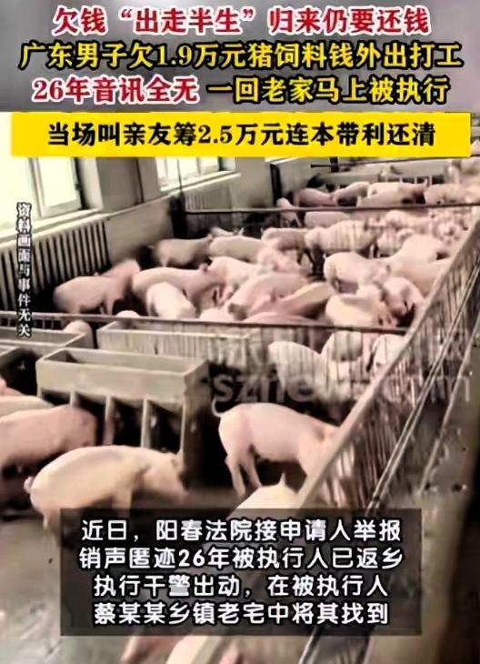 广东阳春，男子欠下19000元猪饲料钱，26年一分不还，他跑出去打工，玩消失，债