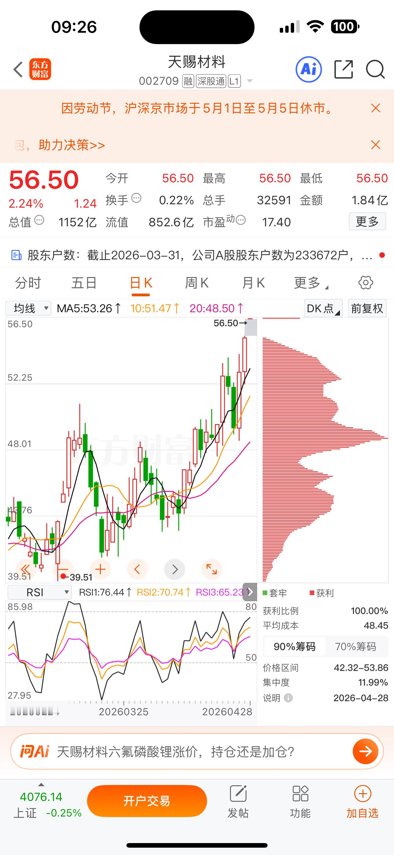 逢低关注：$天赐材料 sz002709$ 