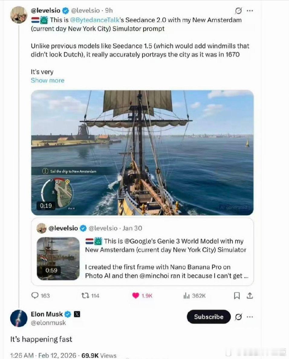 马斯克感慨Seedance2.0发展快2月12日，有网友晒出使用Seedance