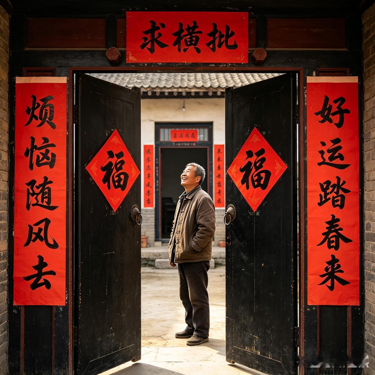 “烦恼随风去，好运踏春来”——这联里藏着最舒服的生活盼头：烦忧随风吹散，好运伴春