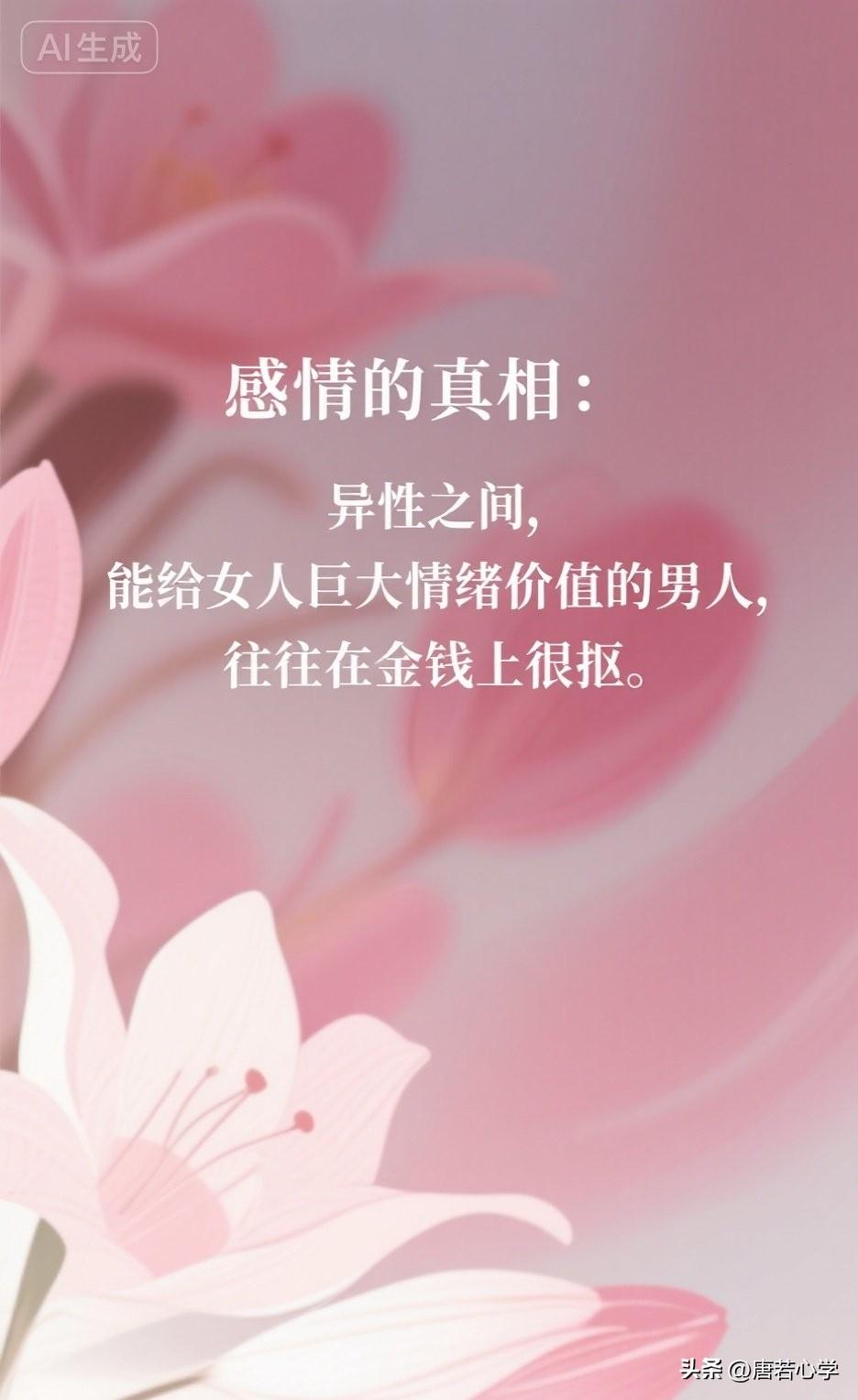 感情的真相：异性之间，能给女人巨大情绪价值的男人，往往在金钱上很抠。

你有没有