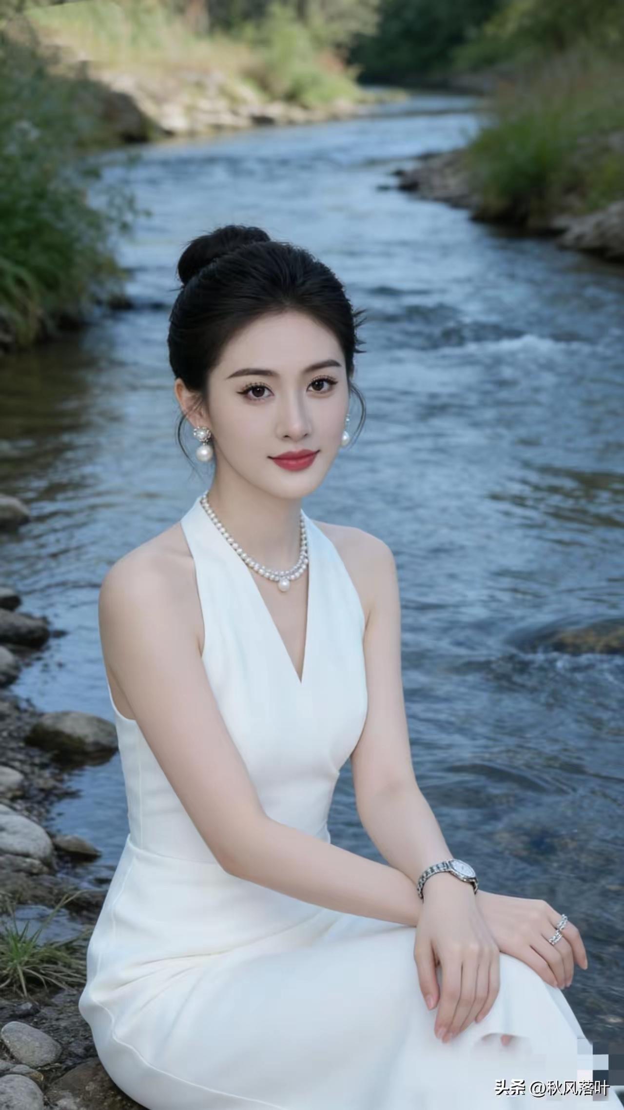 优雅的白色礼服，静谧的河畔，如画的美人。