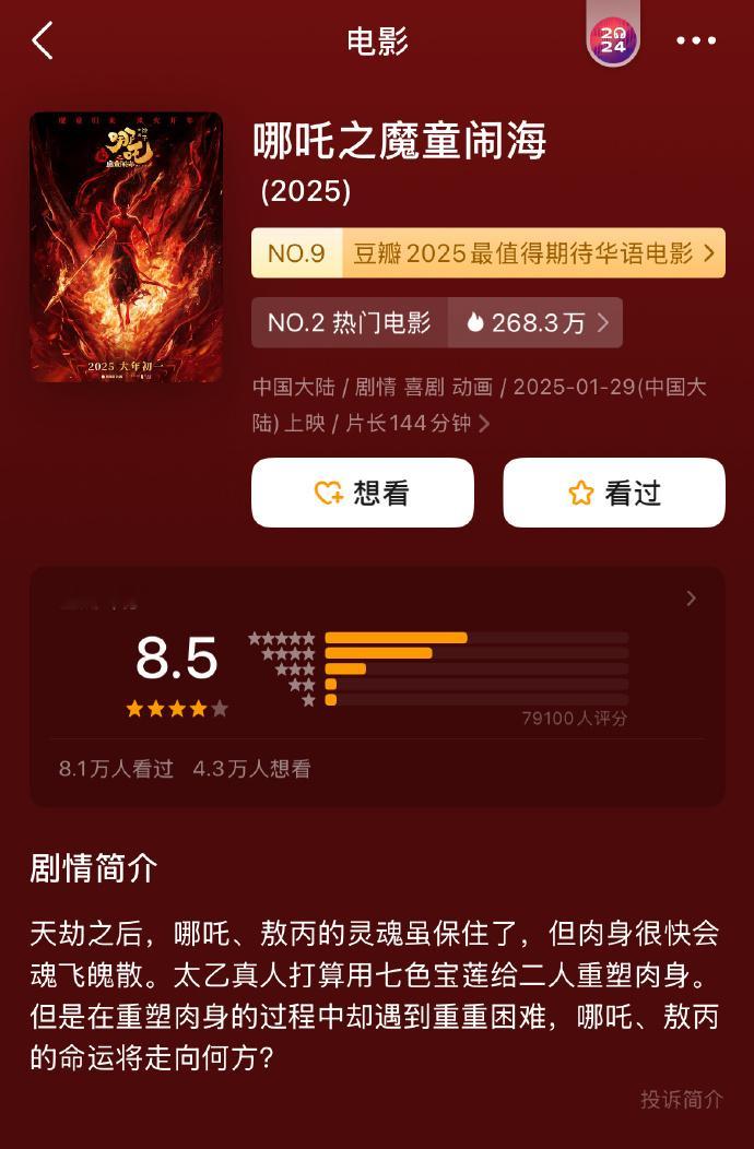 春节档电影豆瓣开分哪吒之魔童闹海 8.5唐探1900           6.7
