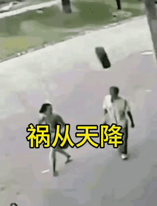 两位老人出门回家，眼看到了家门口，突然从远处飞来一个轮胎，正对老人背部，根本看不