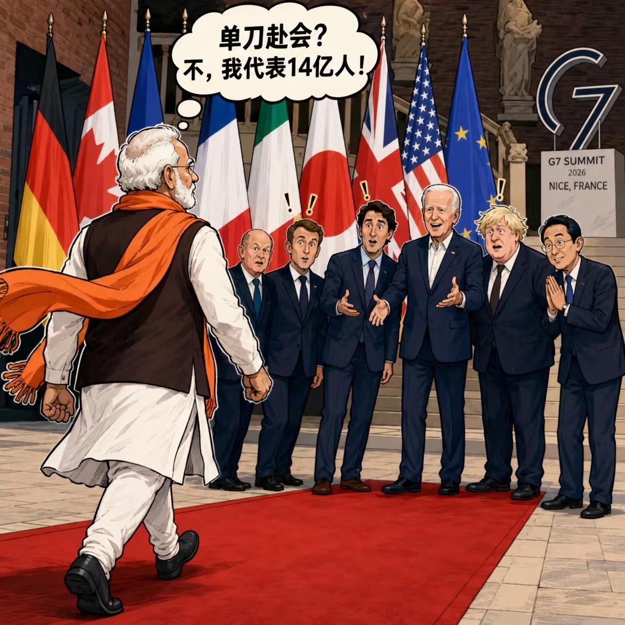 G7峰会备受关注
更受关注的莫过于印度总理莫迪了
从照片上的坐序就可看出
此次峰
