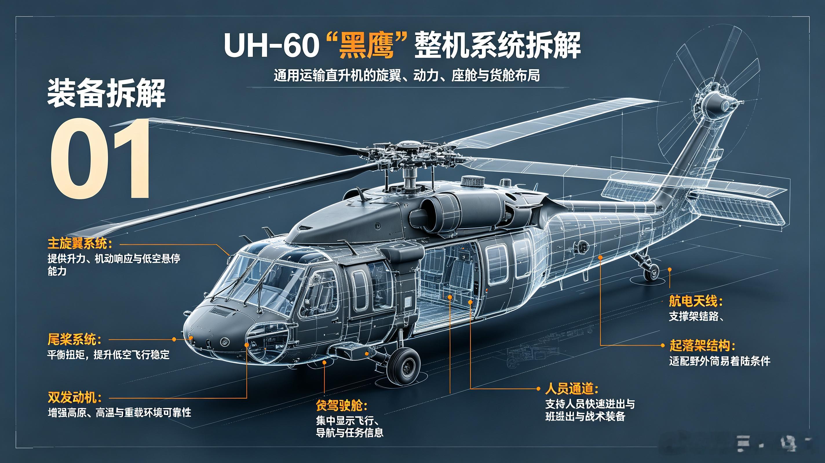 美军的UH-60“黑鹰”通用直升机，整套9张AI拆解图解带大家完整看懂这款经典通