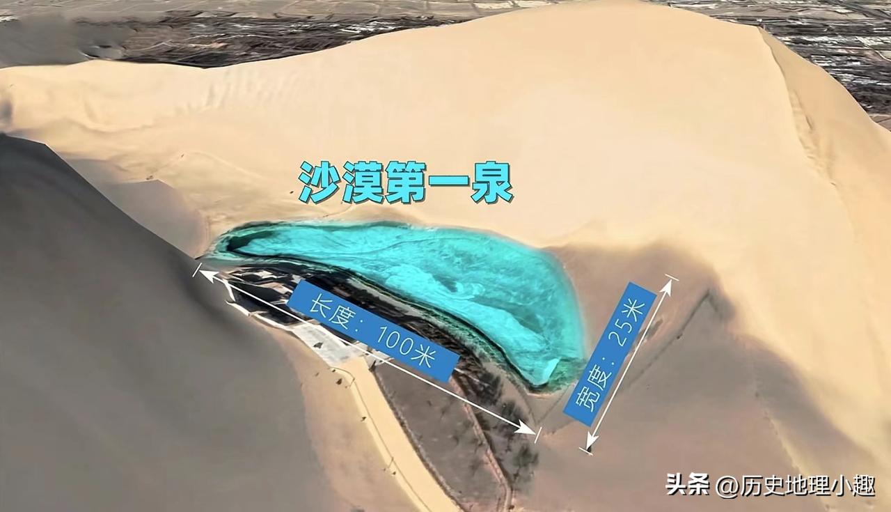 月牙泉南北长100米，东西宽约25米，本来是敦煌境内党河的一部分，党河改道后，党