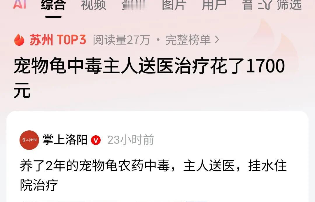 图一，苏州龟主人花1700元救农药中毒的乌龟。
苏州这新闻上本地热榜前三光荣吗？