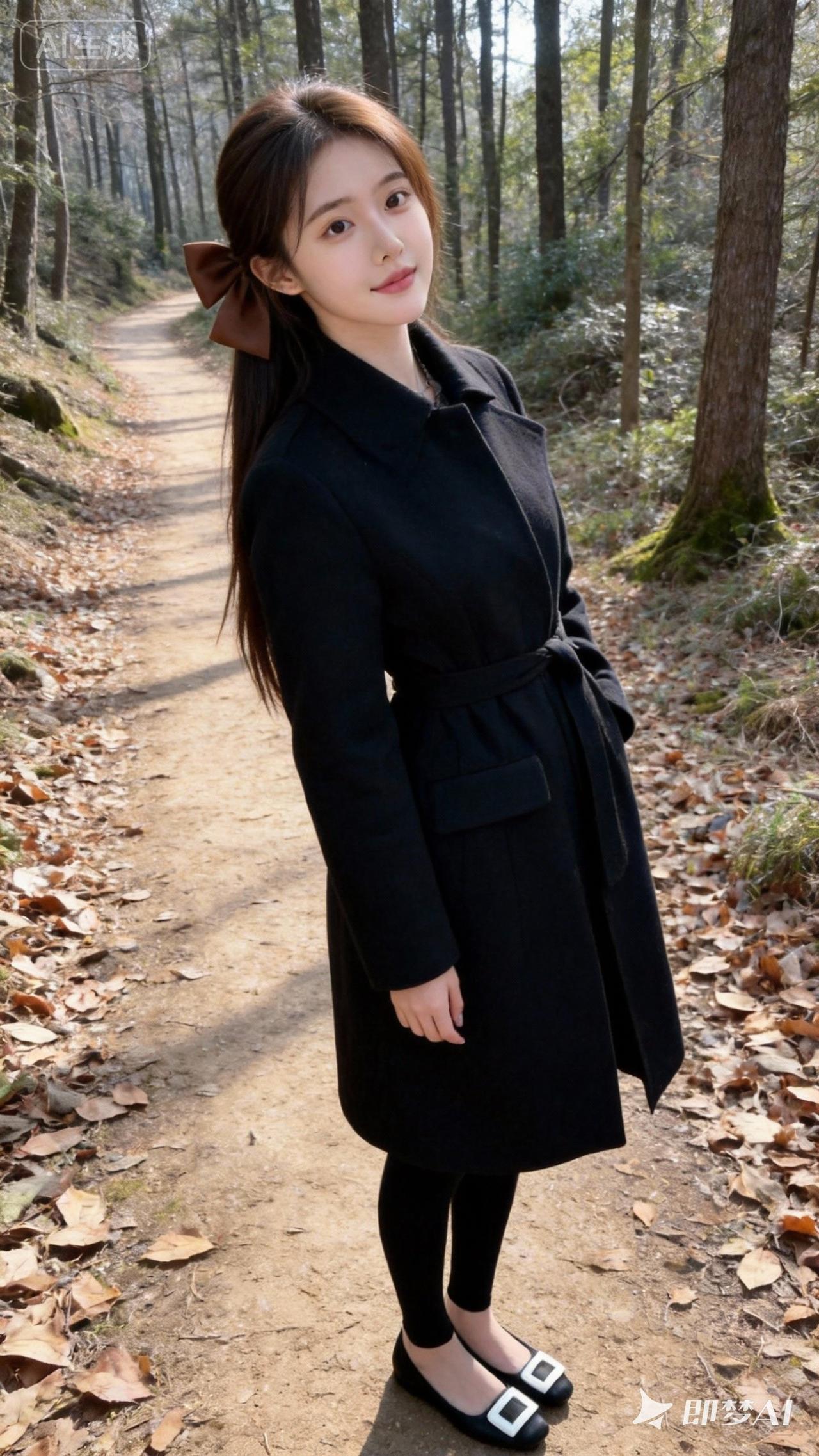 一位女子呈站姿，鹅蛋脸，面部轮廓柔和圆润，苹果肌自然隆起，下颌线流畅；杏眼，眼型