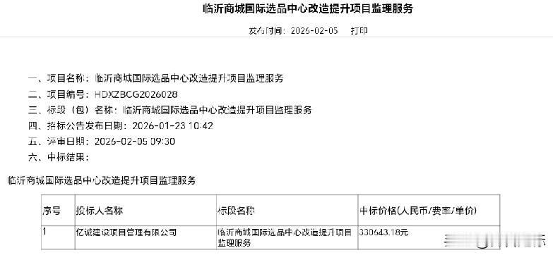 陕西监理企业中标临沂商城国际选品中心改造提升项目监理

2026年2月5日，临沂