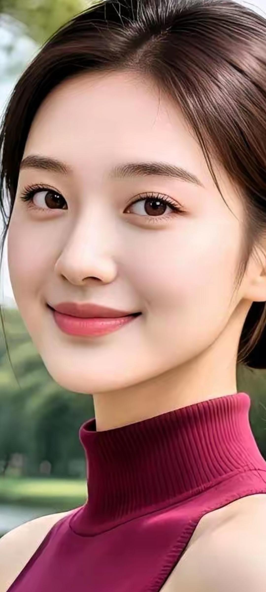 温柔微笑，酒红色高领衫，清新自然，元气满满！🌸💕