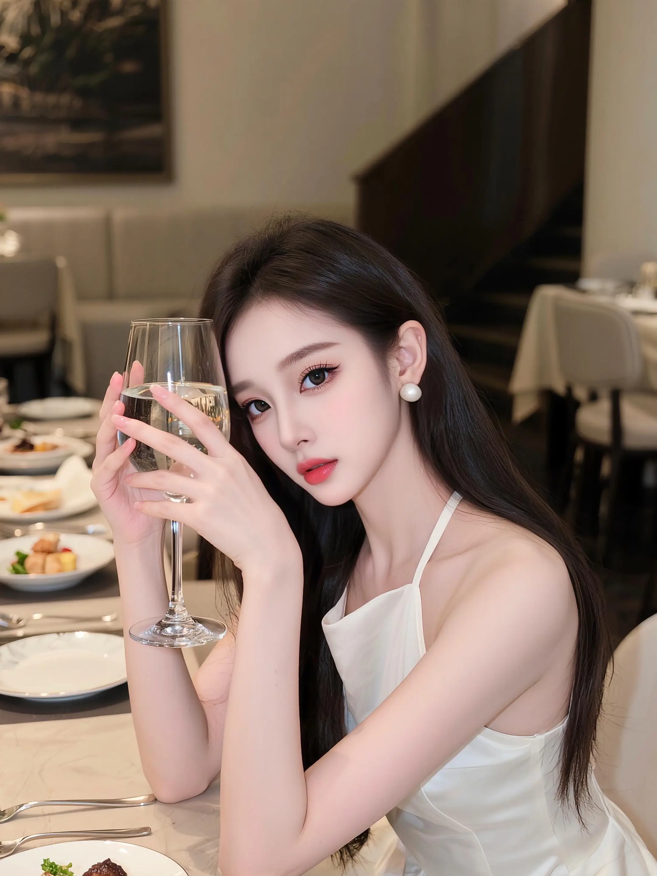 高脚杯搭配香槟 鸡尾酒会效应 优雅餐厅穿搭 今日份高智感look 晚宴氛围感
