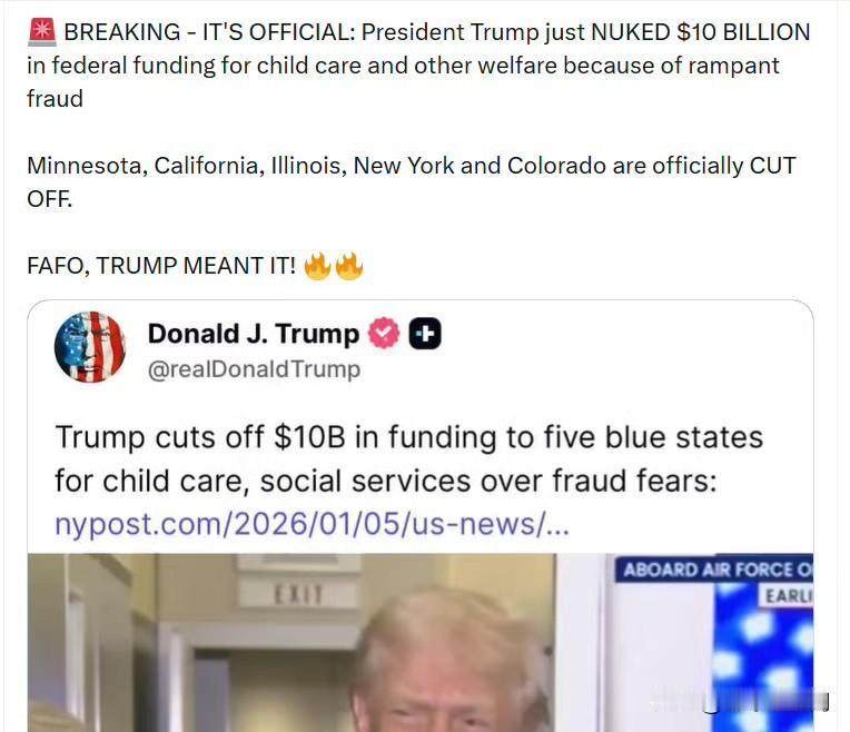 特朗普总统切断向五个“蓝州”提供的100亿美元托幼及社会服务资金。

明尼苏达州