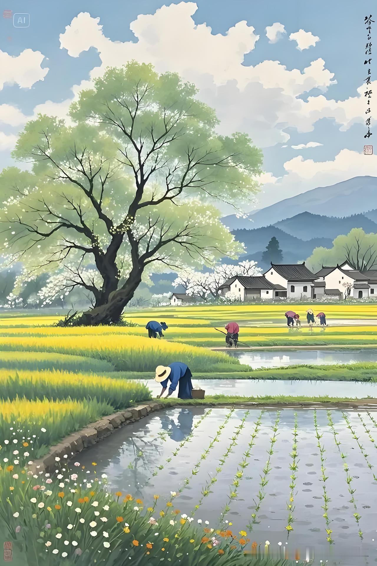 《山村》
——宋·戴复古
雨过山村六月凉，
田田流水稻花香。
松边一石平如榻，