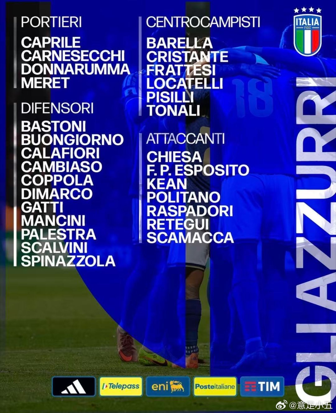 决定生死的一期国家队名单，托纳利没有问题，皮西利和帕莱斯特拉入选，基耶萨回归 