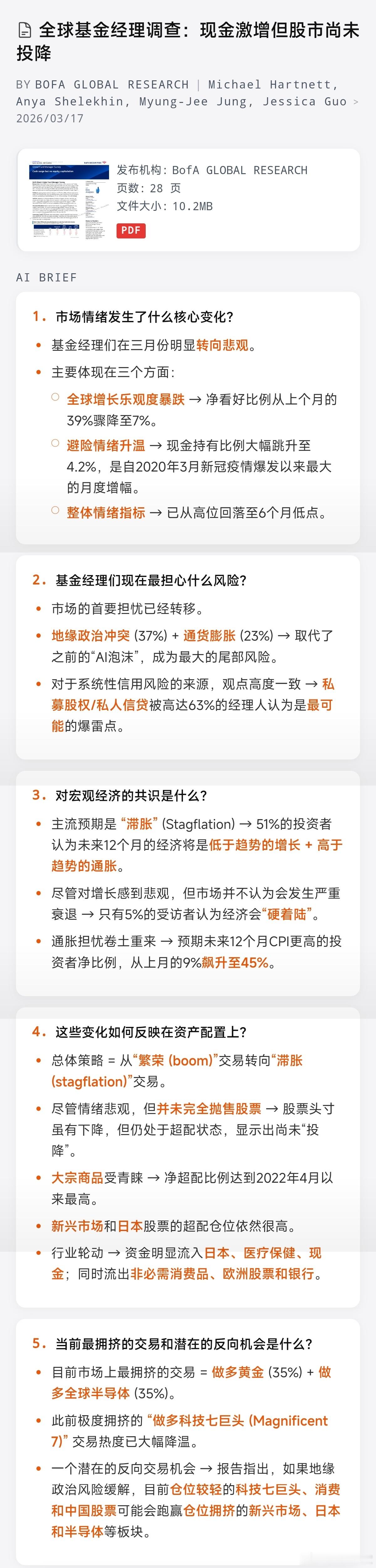 刚刚看了全球基金经理调查报告有点意思，没想到情绪转变这么快。 