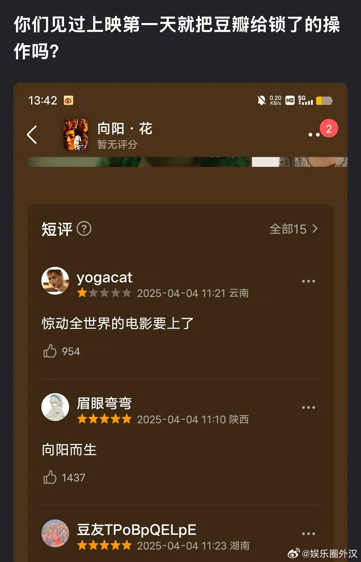 网友发现赵丽颖主演的《向阳花》上映第一天就把豆瓣评论锁了？ ​​​