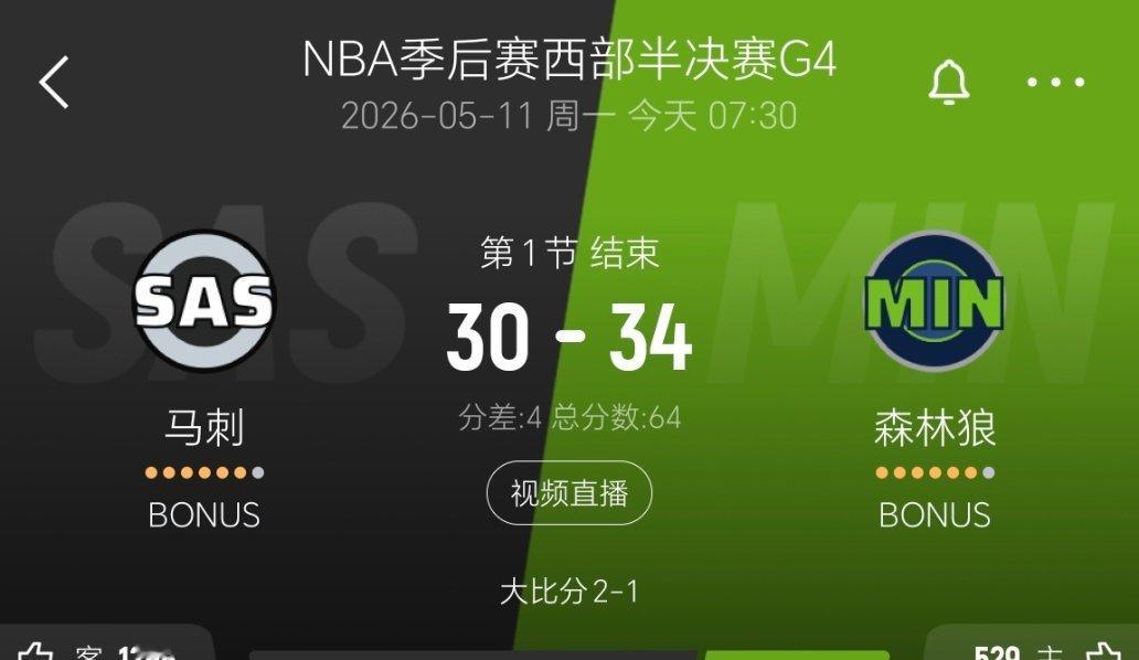 第一节结束，马刺30-34森林狼！nba季后赛马刺vs森林狼