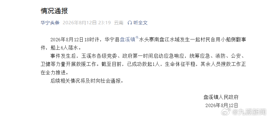 #云南华宁县小船侧翻已救起1人#【#官方通报云南一小船侧翻6人落水#：已成功救起
