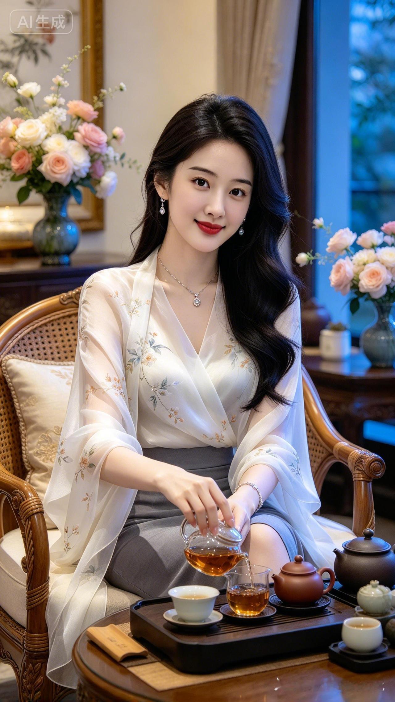 一位女士在家中优雅地倒茶。