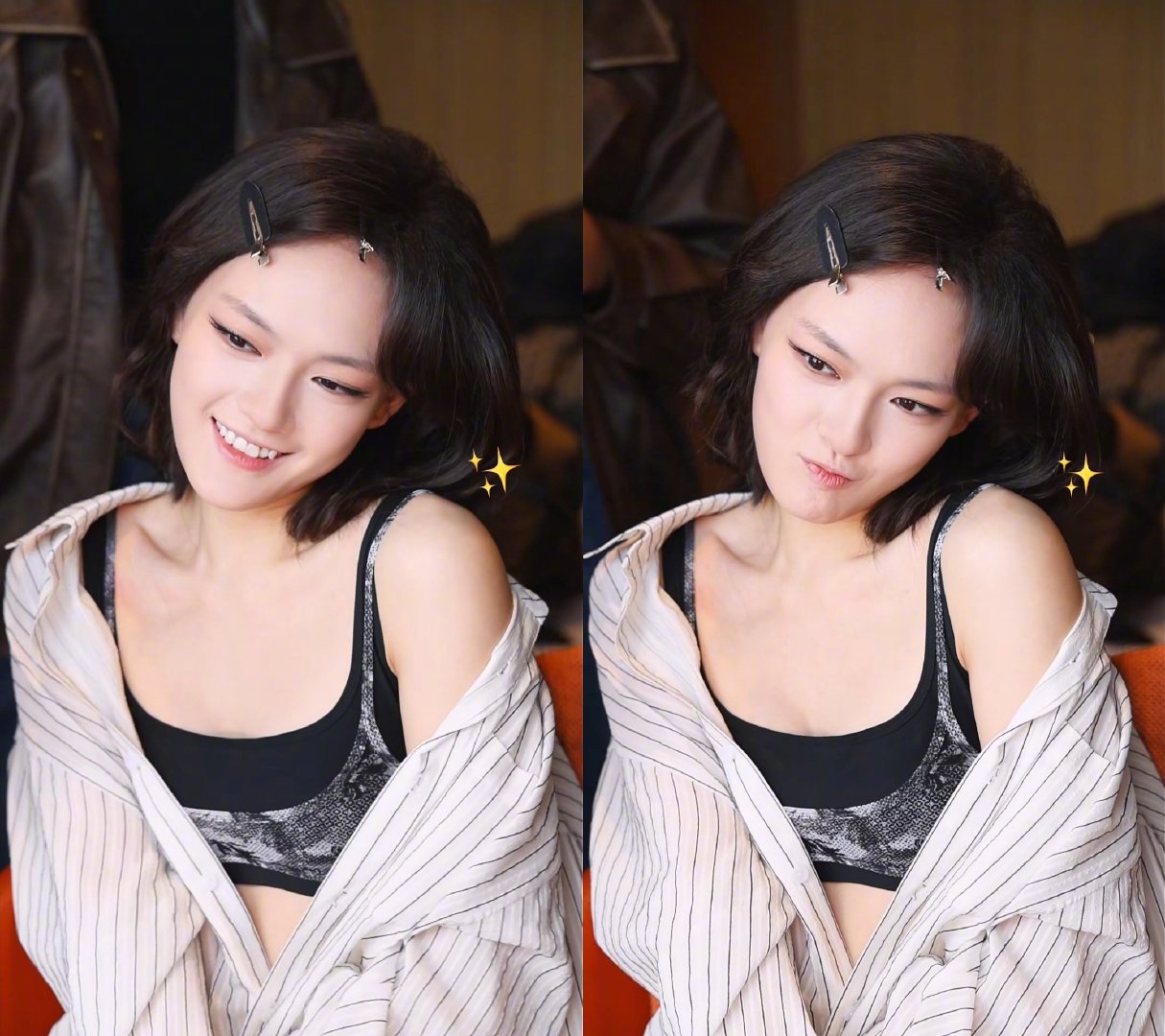 文淇的性感是自由生长的 微博之夜vlog妆造太有巧思！黑色打底叠宽松条纹衫，休闲