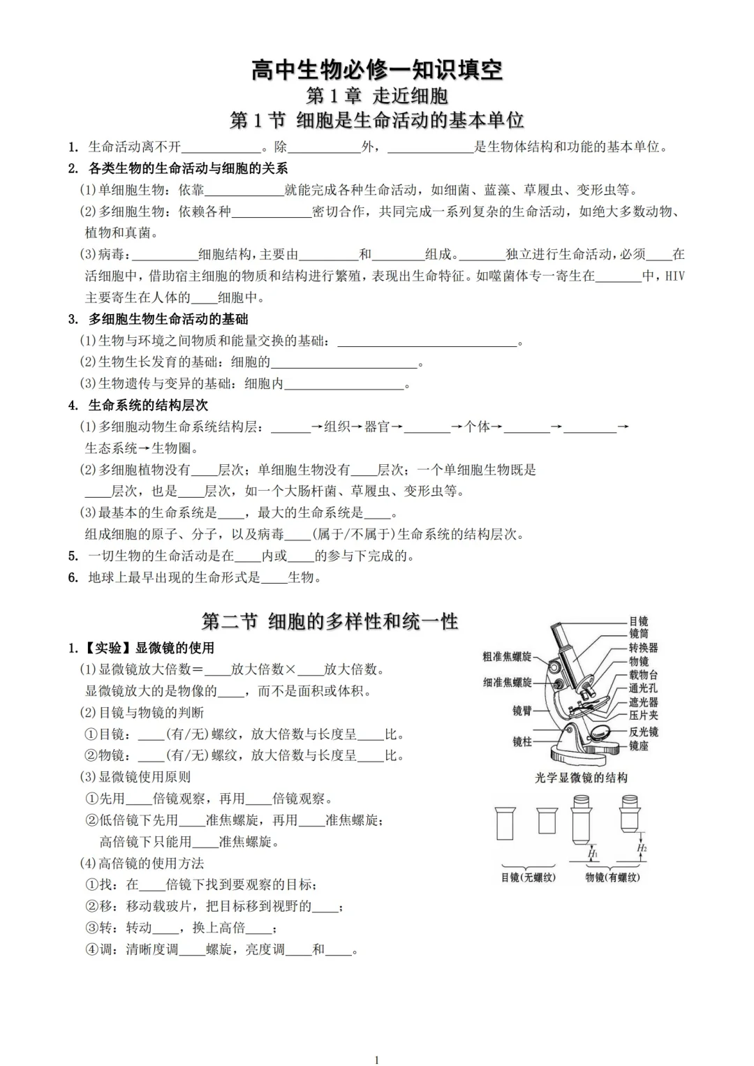 高中生物 | 必修一知识点填空