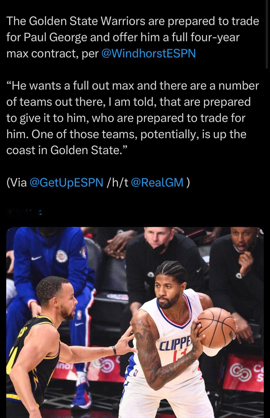 勇士寻求交易得到保罗-乔治并奉上四年顶薪#nba交易##NBA选秀# ​​​