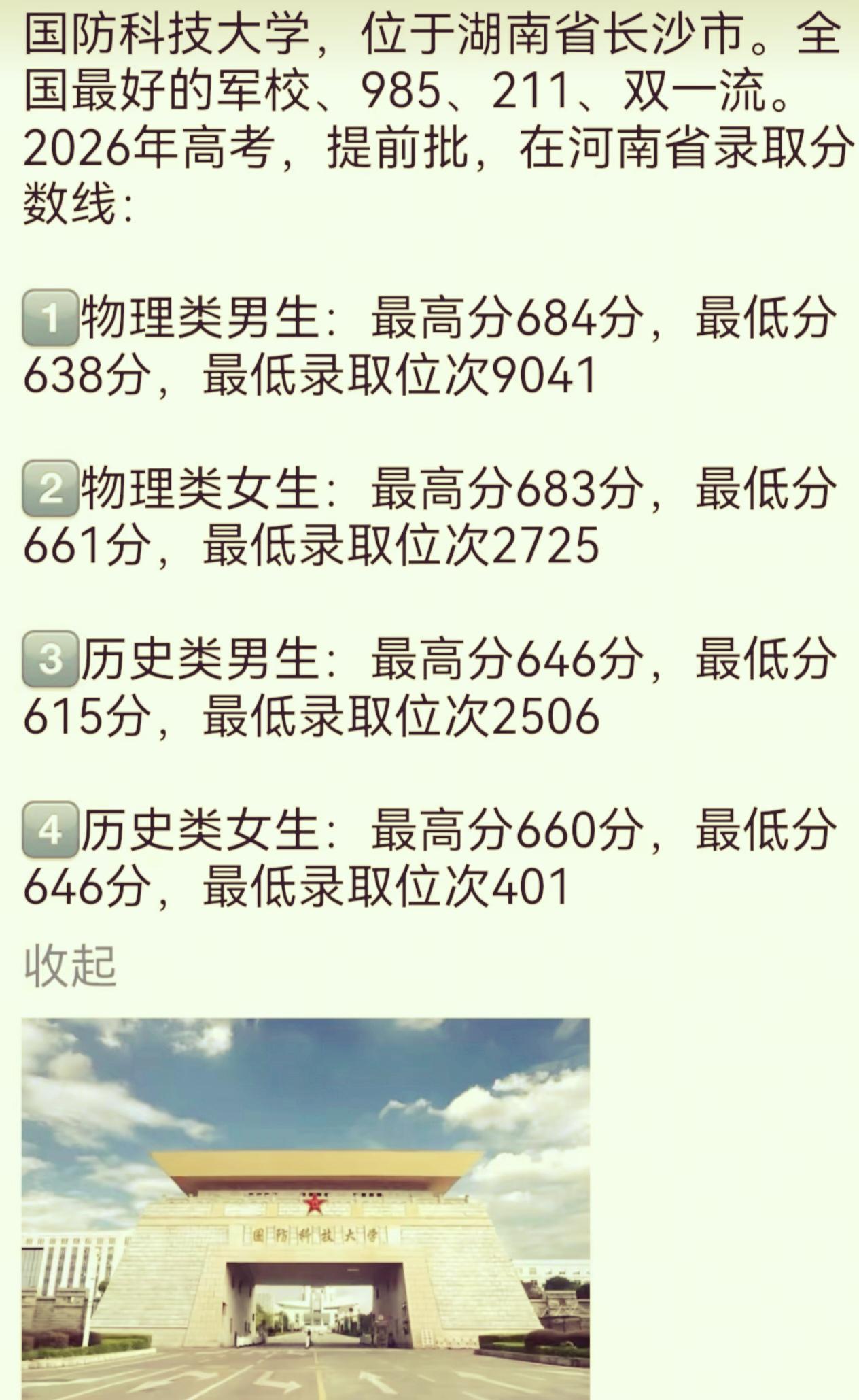 国防科技大学2026年河南省录取线出炉
 
坐落于长沙的国防科技大学作为顶尖98