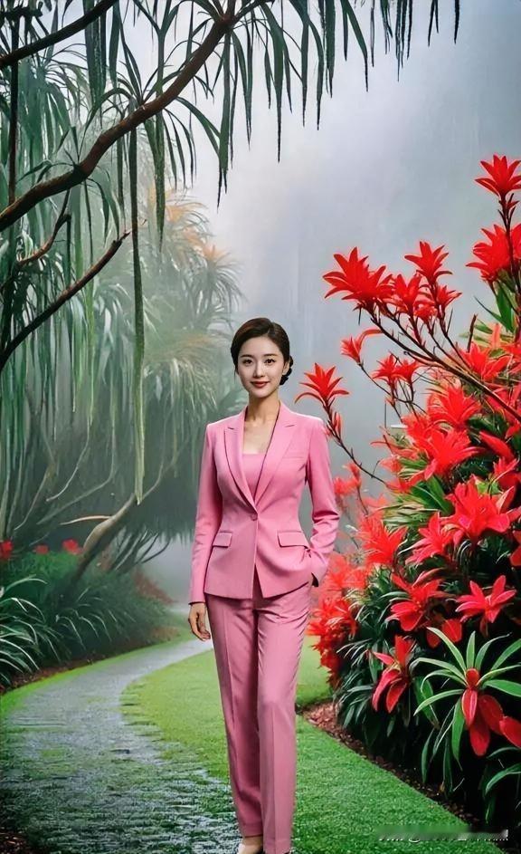 时尚穿搭粉装漫步雨林间，嫣红花影映笑颜，清新温婉。