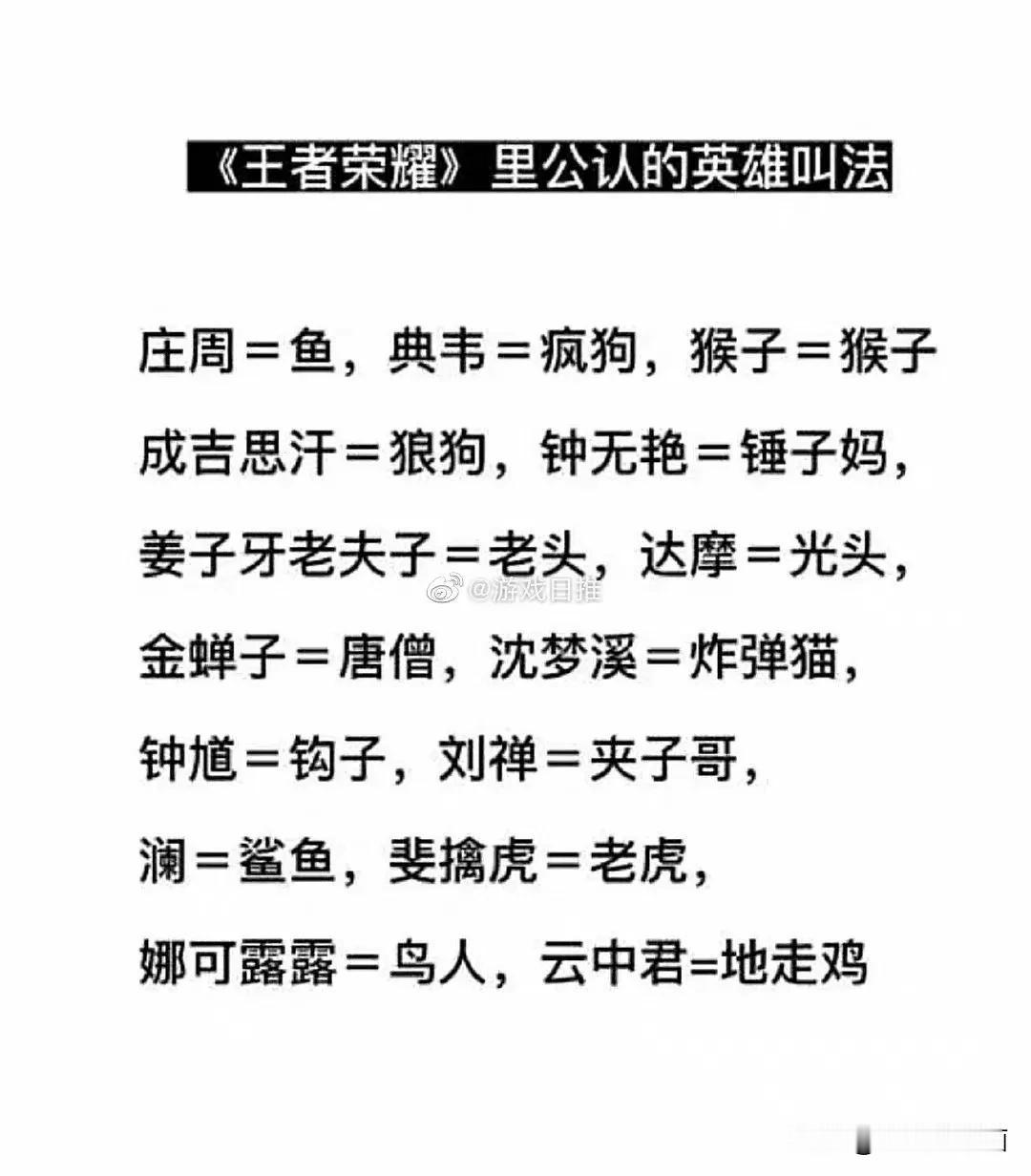  王者荣耀里公认的英雄叫法还有