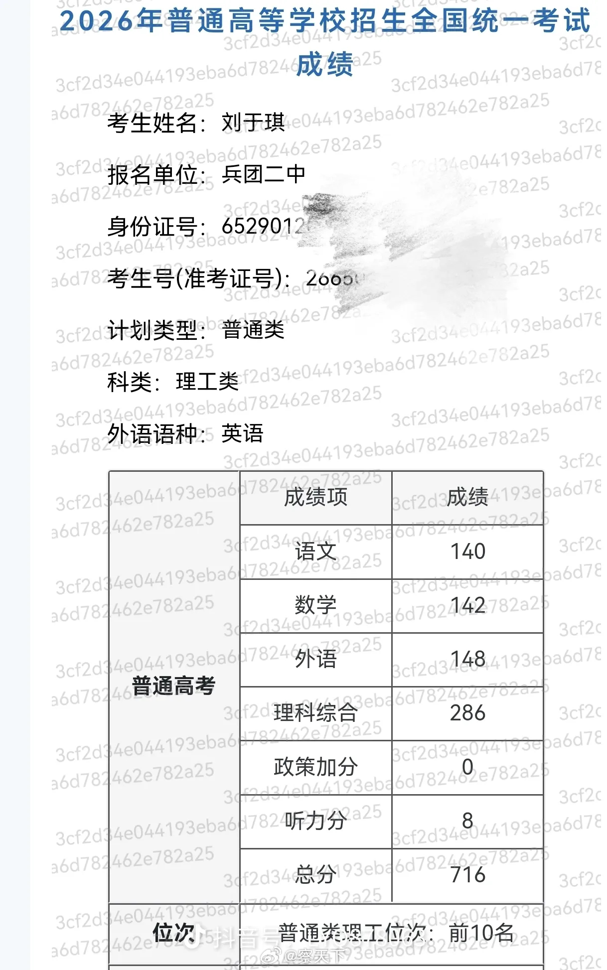 考716分不上不下有点悬着的难受乌鲁木齐市兵团二中刘于琪同学是不是正好也有这个焦