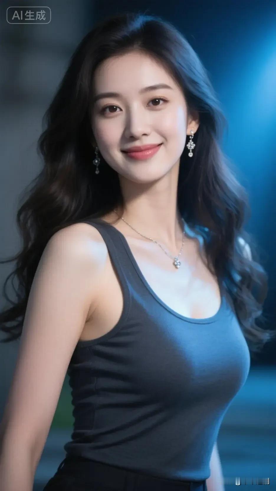 夜色漫过肩头，
深灰背心勾勒利落线条，
发丝卷着晚风的温柔。
颈间与耳侧的碎钻轻