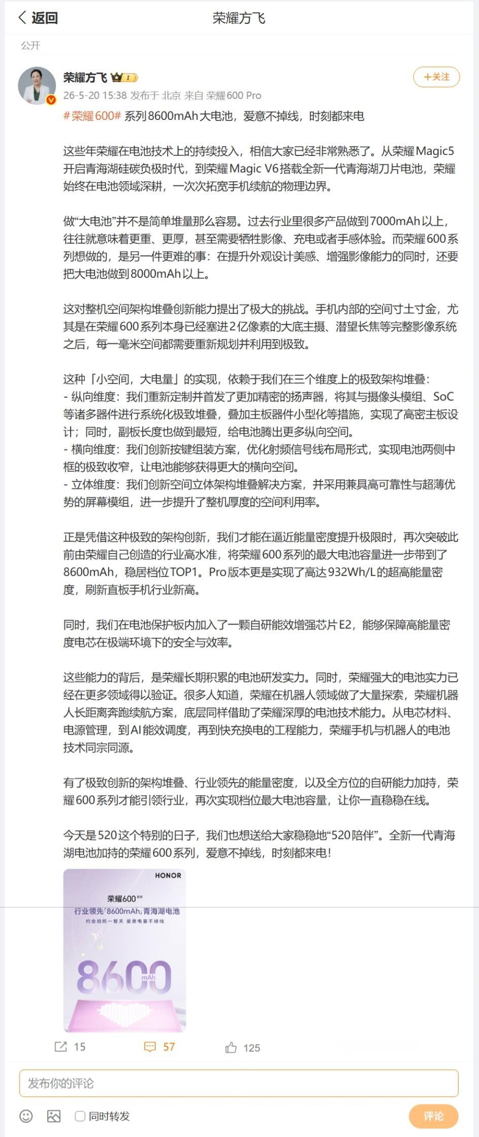 荣耀对于电池技术也在不断努力，从第一代青海湖电池开始，刀片电池的概念就深入人心，