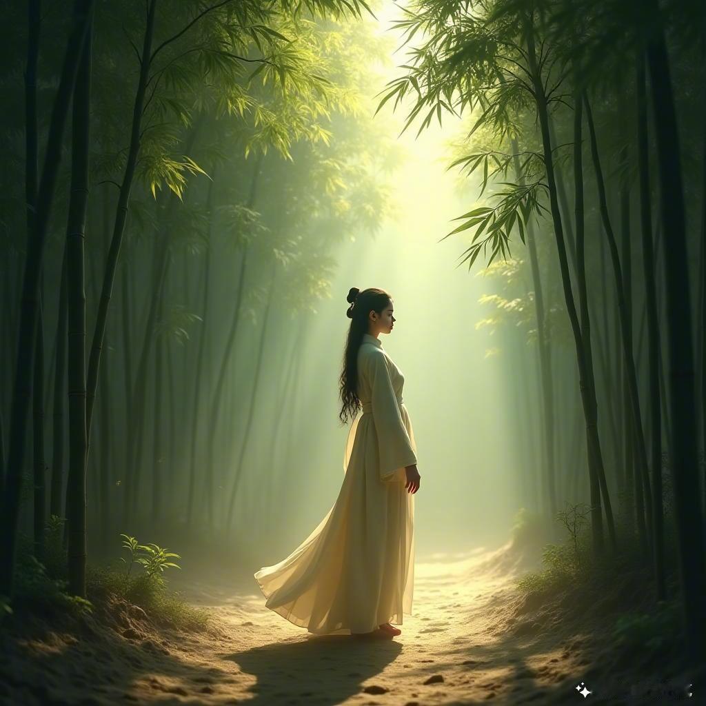 在竹林深处，阳光透过叶间洒下斑驳光影，清丽的身影如梦似幻。温柔而哀愁的眼神，仿佛