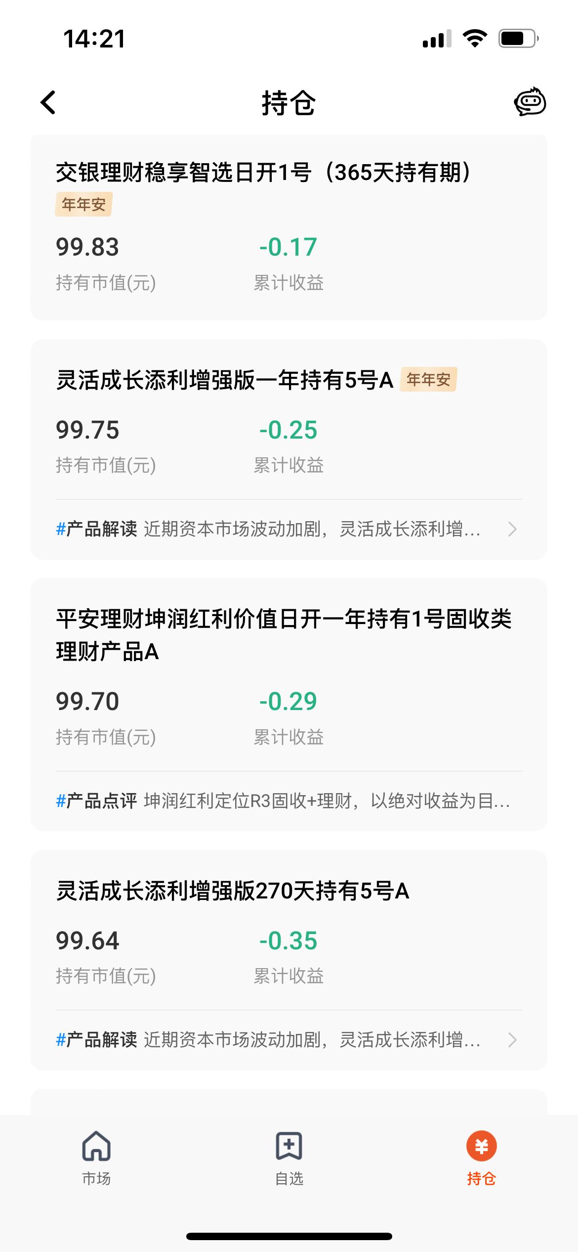 今日持仓概览，收益微降，市场波动需谨慎！买了几百元试水！这些推荐产品都废了！[呲