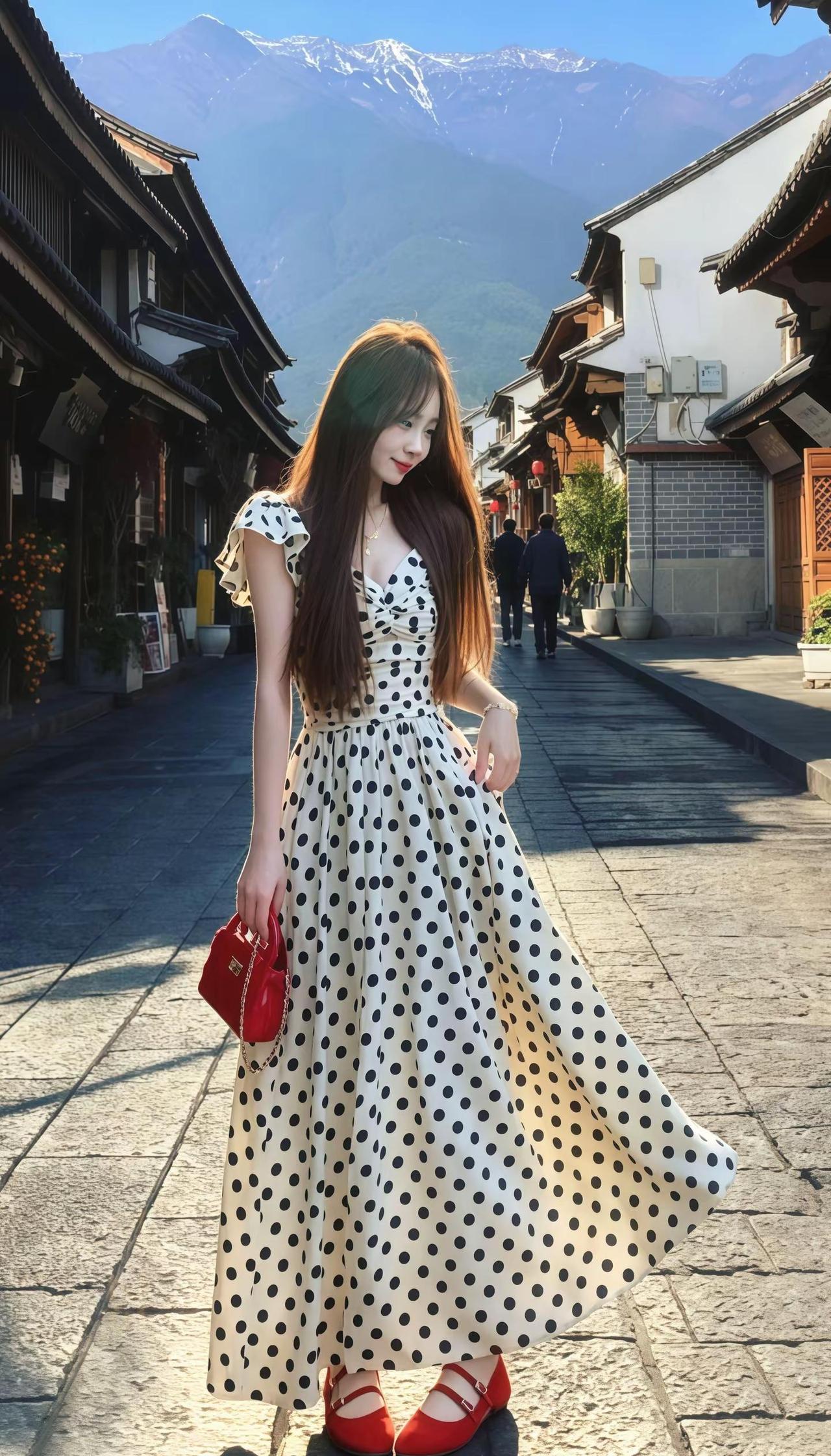 《古镇里的波点裙摆》苏晚晴走在青石板路上，米白底黑波点的长裙被风轻轻掀起，小飞袖